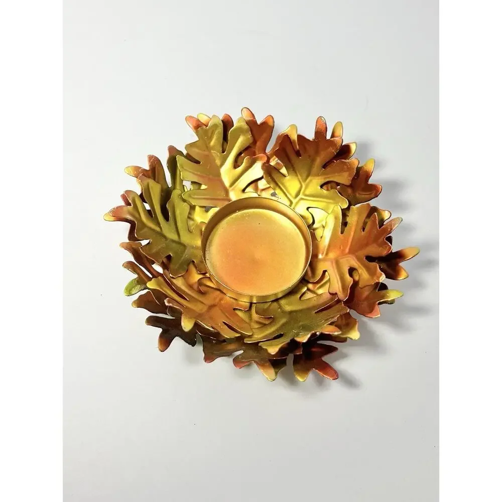 2015 Hobby Lobby 3 Fall Orange Yellow Tin Metal Leaf Votive Candle Holders 5.5”